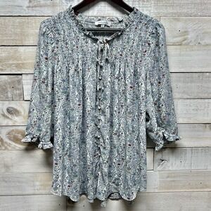 Rose & Ollive Top Womens 1X‎ Bue Floral Smocked 3/4 Sleeve Button Up Blouse